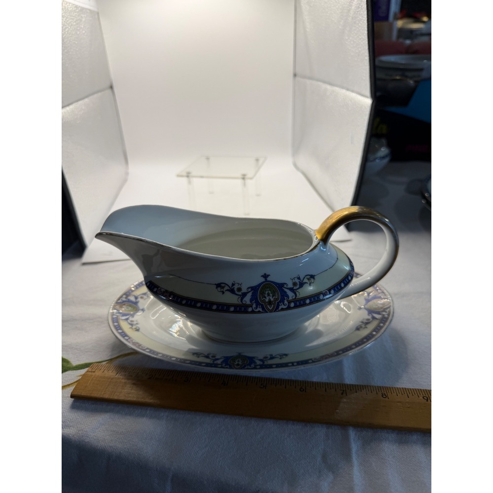 Victoria Czecho-Slovakia Gravy Boat Attached Underplate Gold Handle Blue Cream - Picture 6 of 6